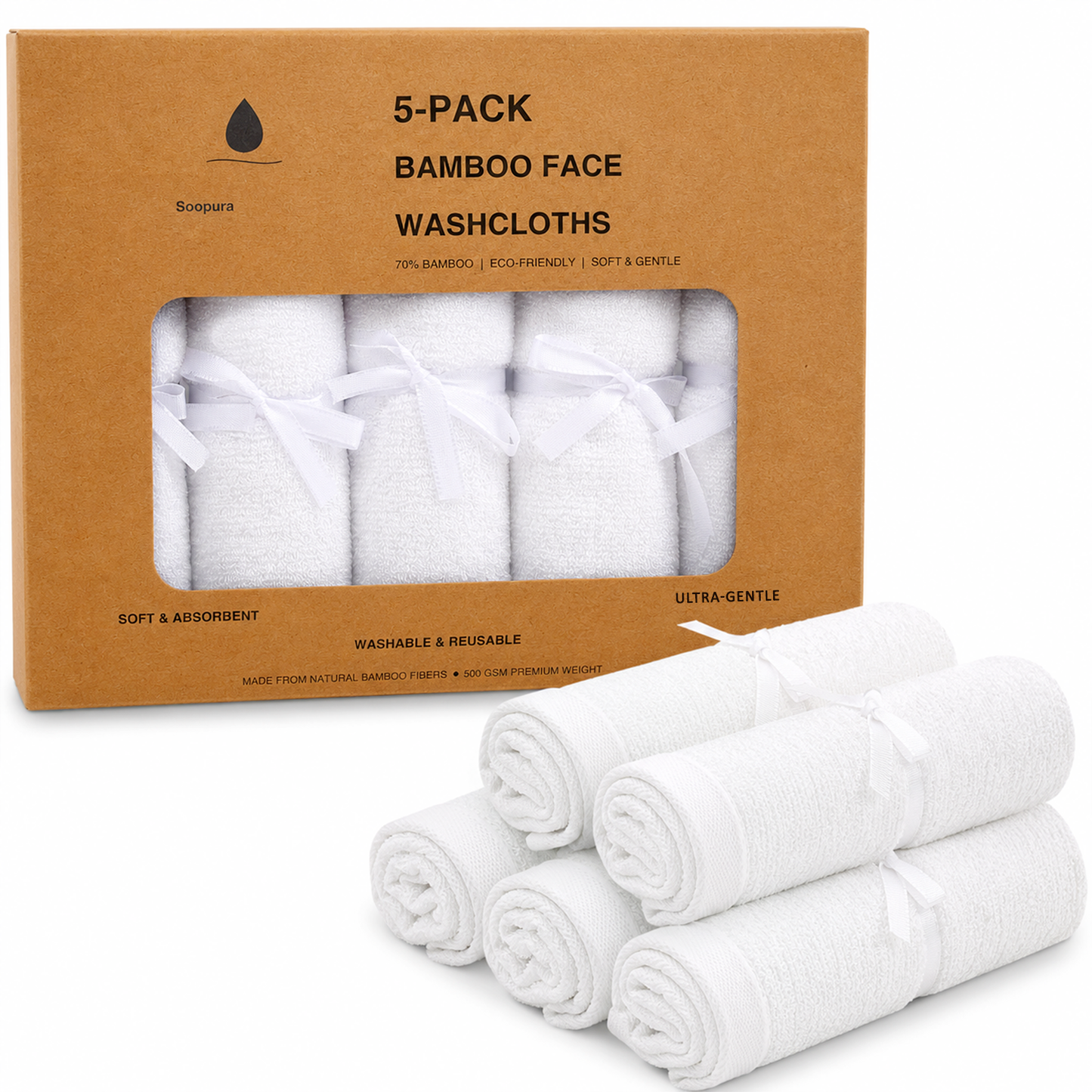 Soopura Bamboo Face Washcloths — 5-Pack | Soft, Sensitive-Skin Friendly