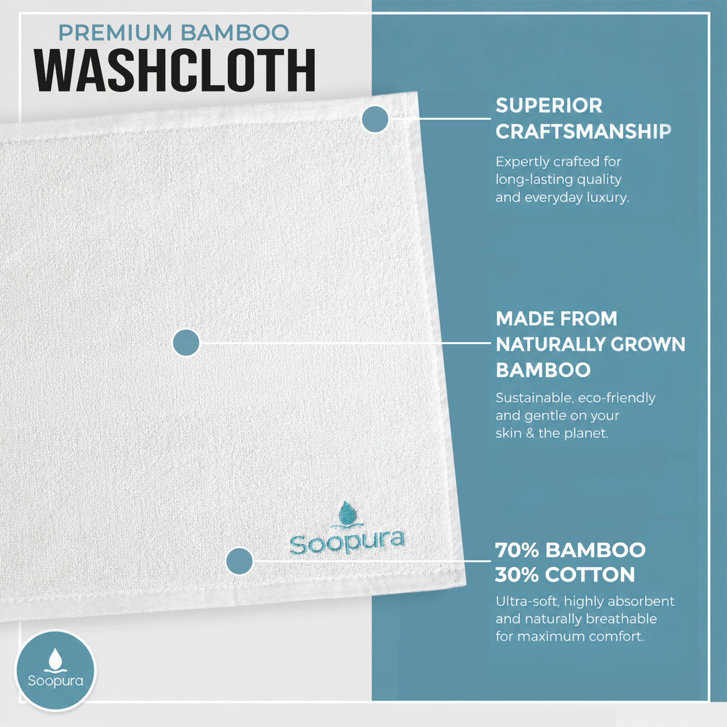 Soopura Bamboo Face Washcloths — 5-Pack | Soft, Sensitive-Skin Friendly