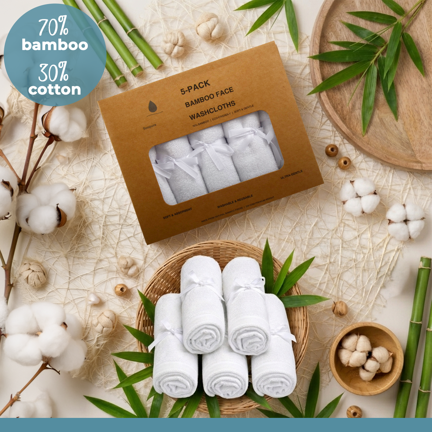 Soopura Bamboo Face Washcloths — 5-Pack | Soft, Sensitive-Skin Friendly